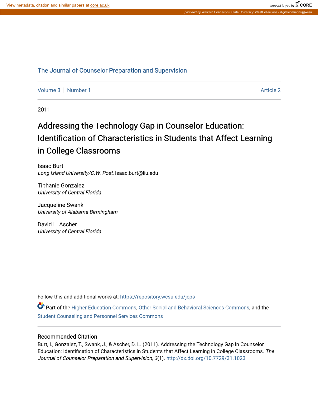 Addressing the Technology Gap in Counselor Education: Identification of Characteristics in Students That Affect Learning in College Classrooms