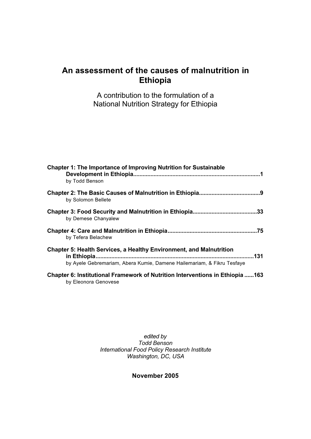 An Assessment of the Causes of Malnutrition in Ethiopia a Contribution to the Formulation of a National Nutrition Strategy for Ethiopia