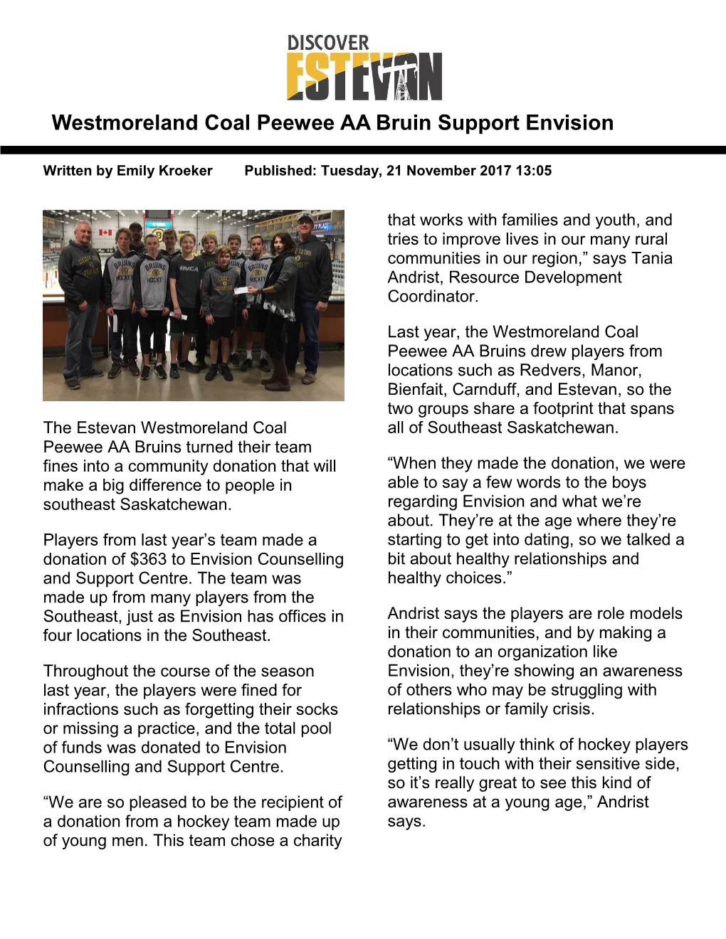 Westmoreland Coal Peewee AA Bruin Support Envision