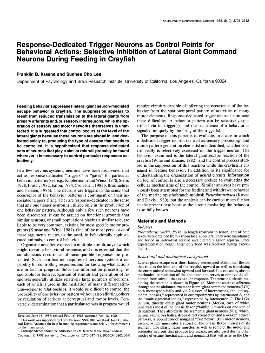 Response-Dedicated Trigger Neurons As Control Points for Behavioral Actions: Selective Inhibition of Lateral Giant Command Neurons During Feeding in Crayfish