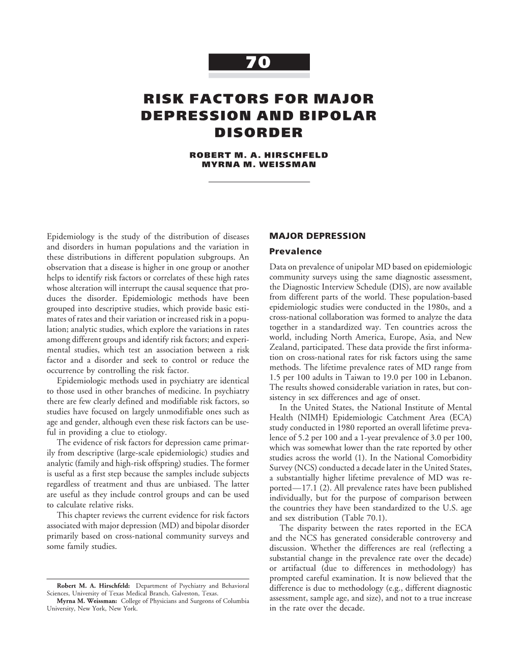Chapter 70: Risk Factors for Major Depression and Bipolar Disorder