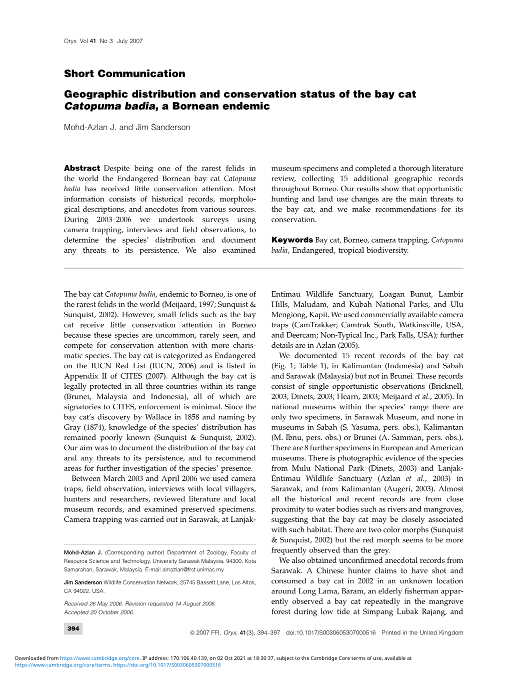 Geographic Distribution and Conservation Status of the Bay Cat Catopuma Badia, a Bornean Endemic