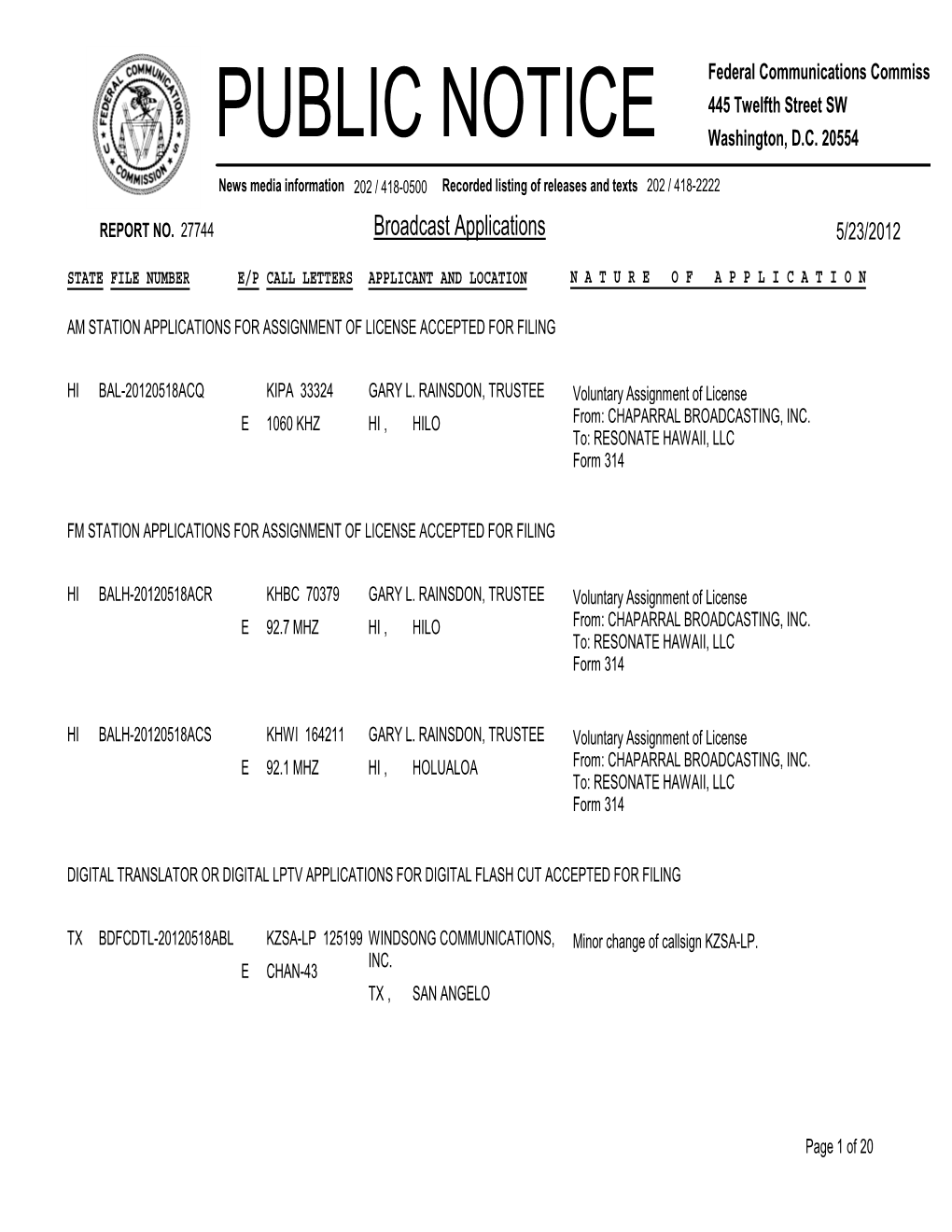 Broadcast Applications 5/23/2012