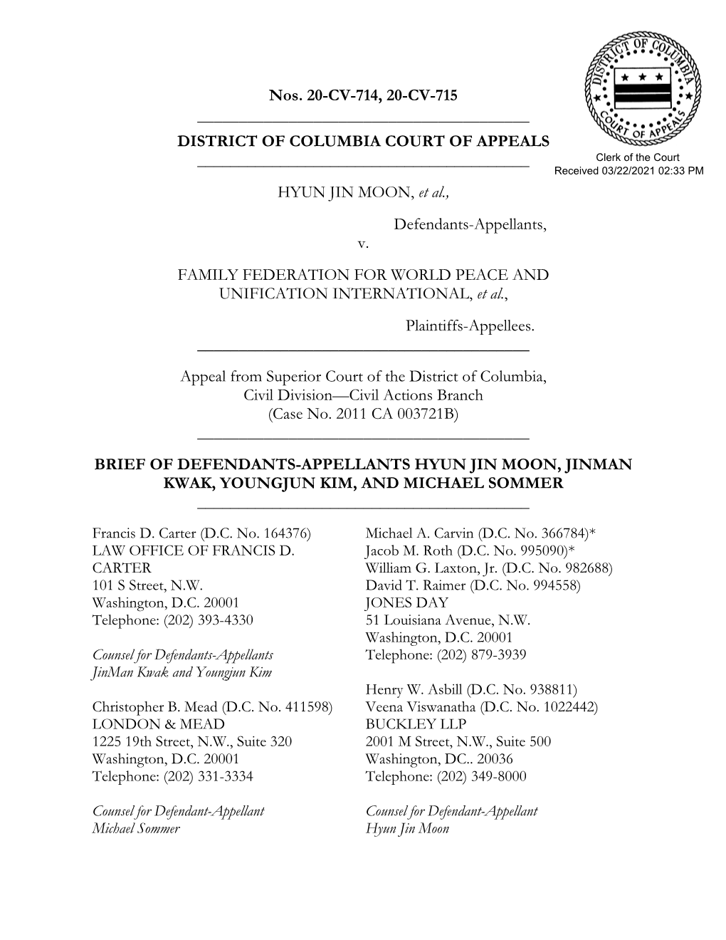 Brief of Defendants-Appellants Hyun Jin Moon, Jinman Kwak, Youngjun Kim, and Michael Sommer ______