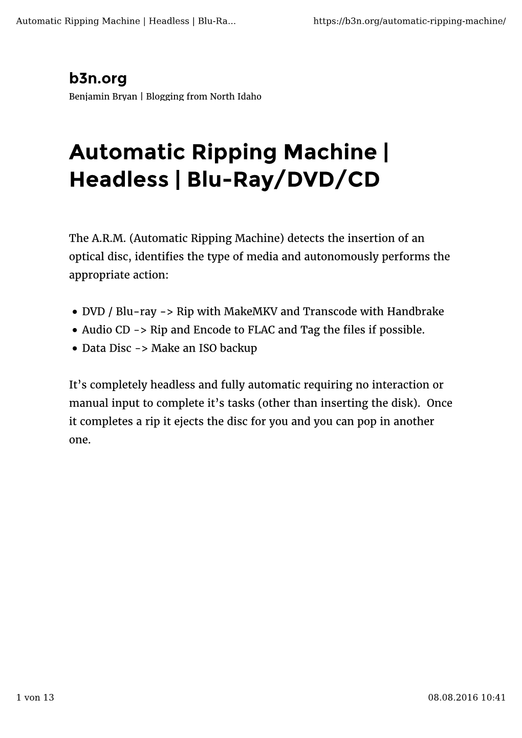 Automatic Ripping Machine | Headless | Blu-Ray/DVD/CD