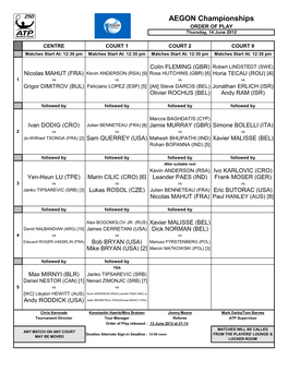 AEGON Championships ORDER of PLAY Thursday, 14 June 2012