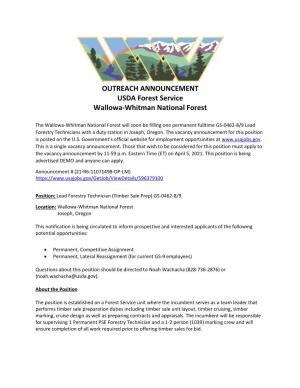 OUTREACH ANNOUNCEMENT USDA Forest Service Wallowa-Whitman National Forest