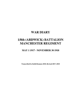 WAR DIARY 1/8Th (ARDWICK) BATTALION MANCHESTER