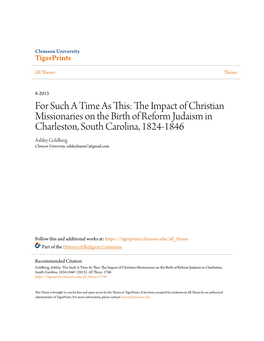 The Impact of Christian Missionaries on the Birth of Reform Judaism in Charleston, South Carolina, 1824-1846