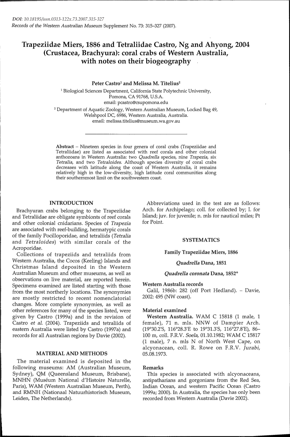 Crustacea, Brachyura): Coral Crabs of Western Australia, with Notes on Their Biogeography