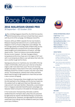 2016 MALAYSIAN GRAND PRIX 30 September – 02 October 2016