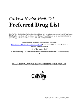 Calviva Health Medi-Cal Preferred Drug List