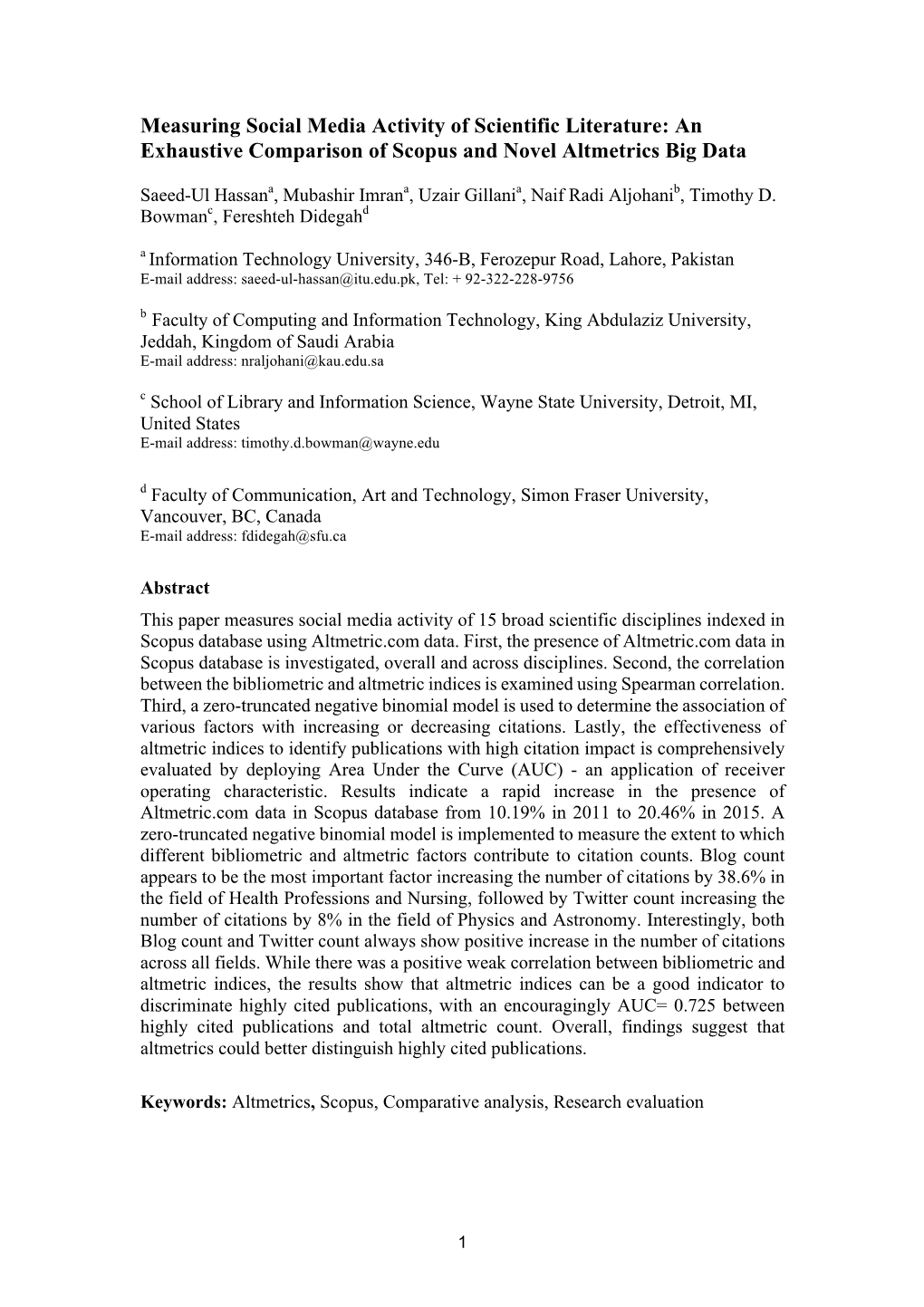 An Exhaustive Comparison of Scopus and Novel Altmetrics Big Data