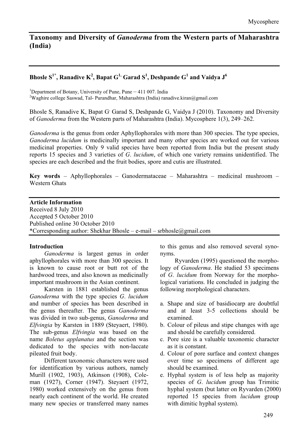 Taxonomy and Diversity of Ganoderma from the Western Parts of Maharashtra (India)