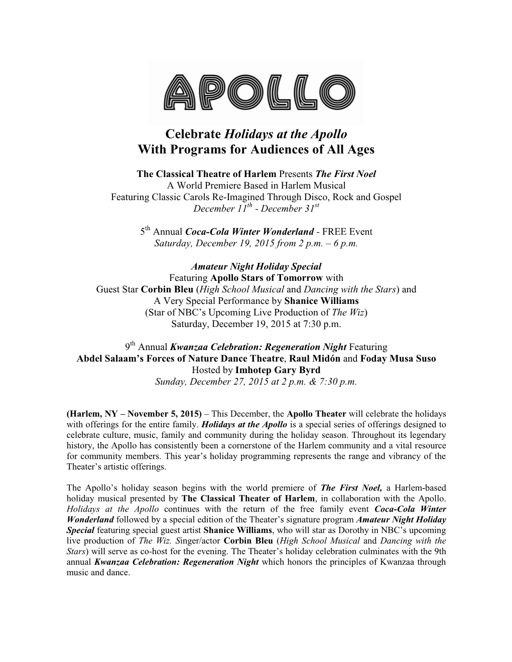 Celebrate Holidays at the Apollo with Programs for Audiences of All Ages