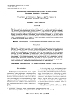 Preliminary Inventory of Corticolous Lichens of the Sierra De San Luis, Venezuela Inventario Preliminar De Líquenes Cortícolas