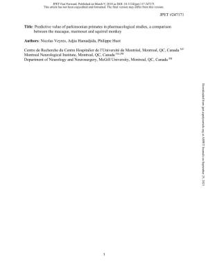 Predictive Value of Parkinsonian Primates in Pharmacological Studies, a Comparison Between the Macaque, Marmoset and Squirrel Monkey I