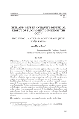 Beer and Wine in Antiquity: Beneficial Remedy Or Punishment Imposed by the Gods?