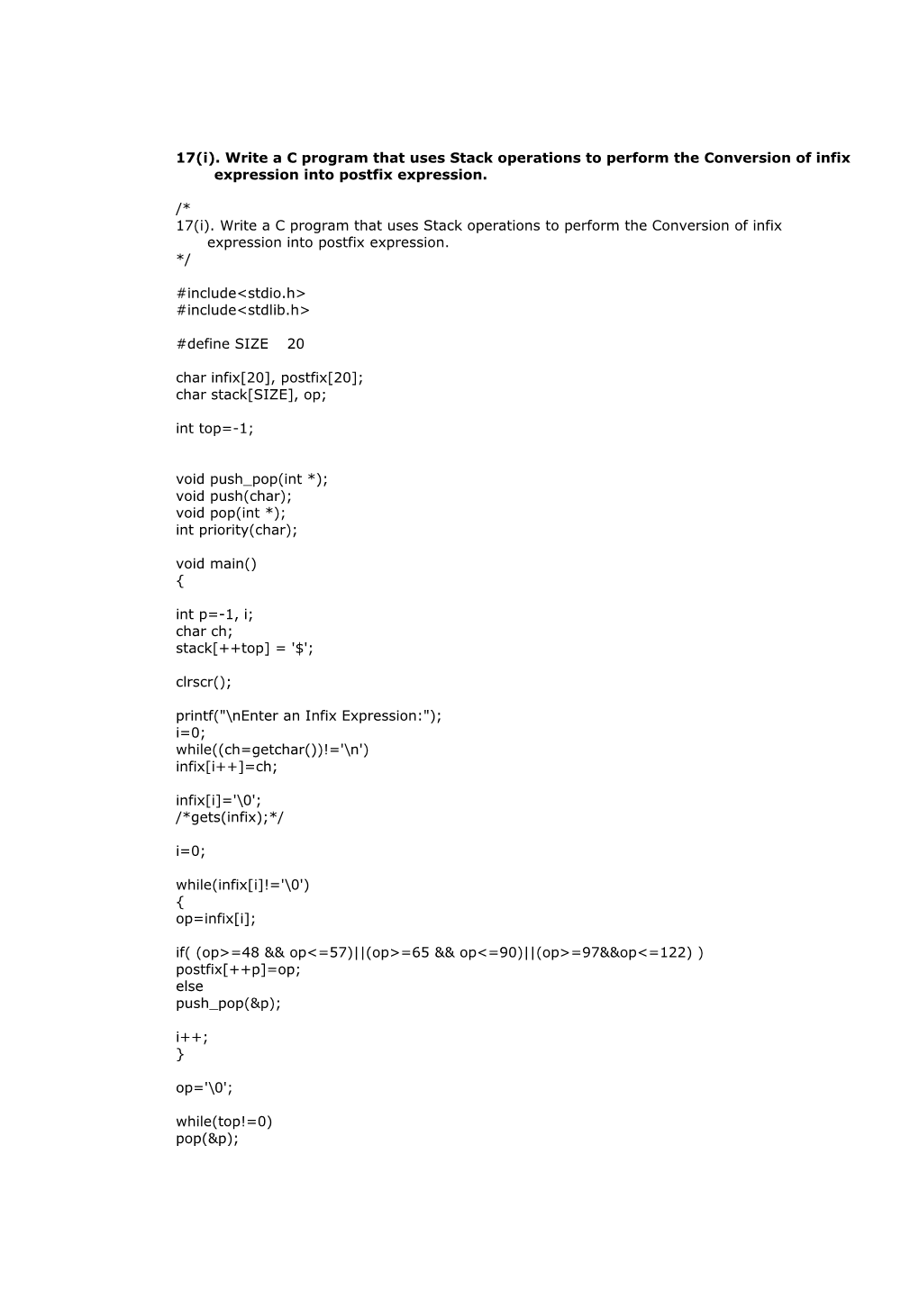 17(I). Write a C Program That Uses Stack Operations to Perform the Conversion of Infix