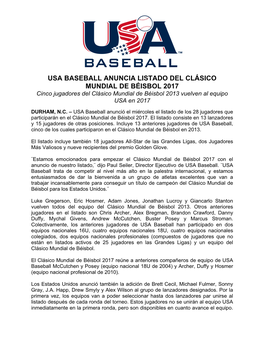 USA Baseball Announces 2017 World Baseball Classic Roster ESP