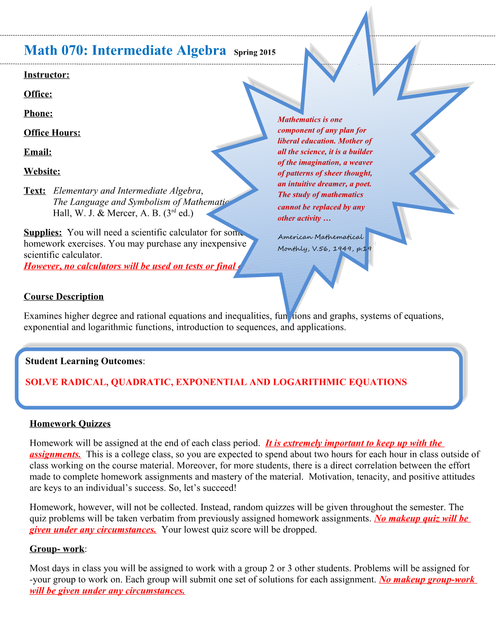 Math 070: Intermediate Algebra Spring 2015