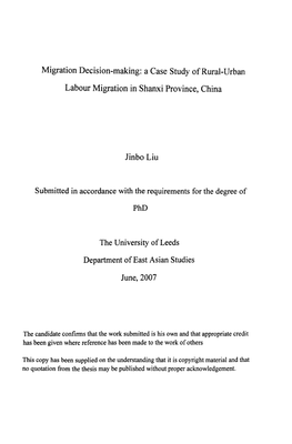 A Case Study of Rural-Urban Labour Migration in Shanxi Province
