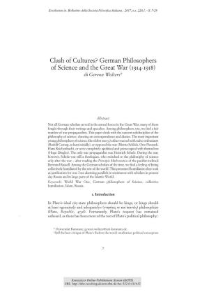 German Philosophers of Science and the Great War (1914-1918) Di Gereon Wolters*