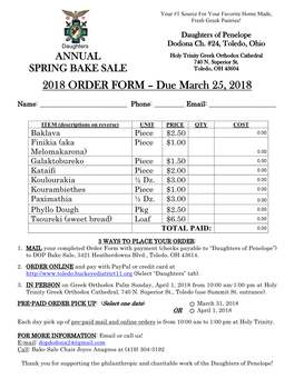 2018 ORDER FORM – Due March 25, 2018