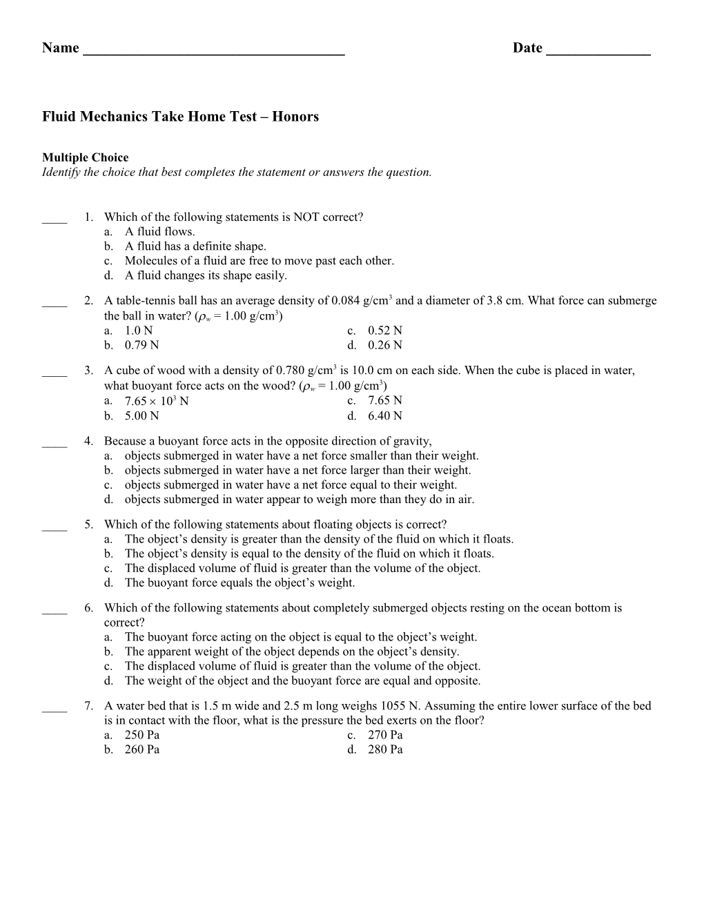 Fluid Mechanics Take Home Test Honors