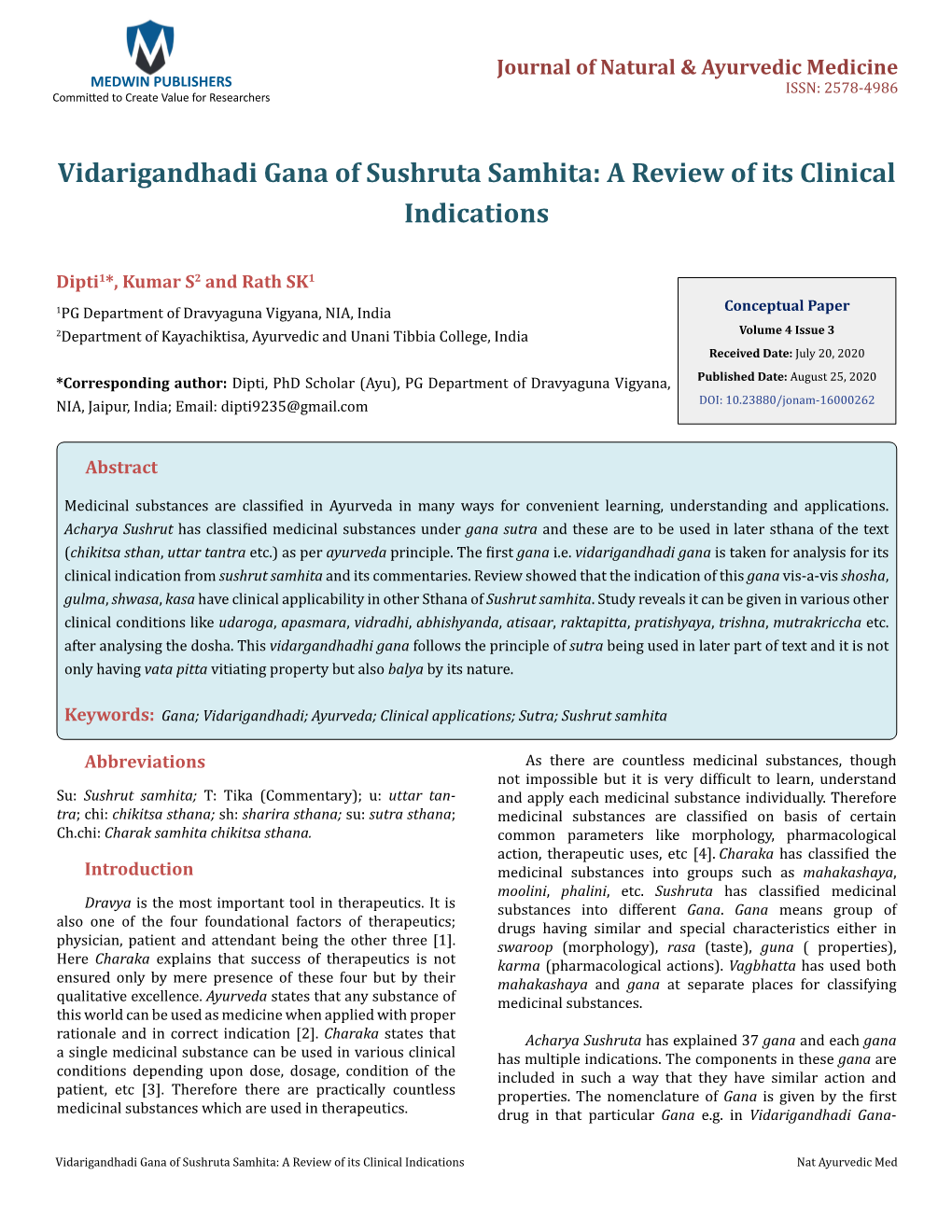 Vidarigandhadi Gana of Sushruta Samhita: a Review of Its Clinical Indications