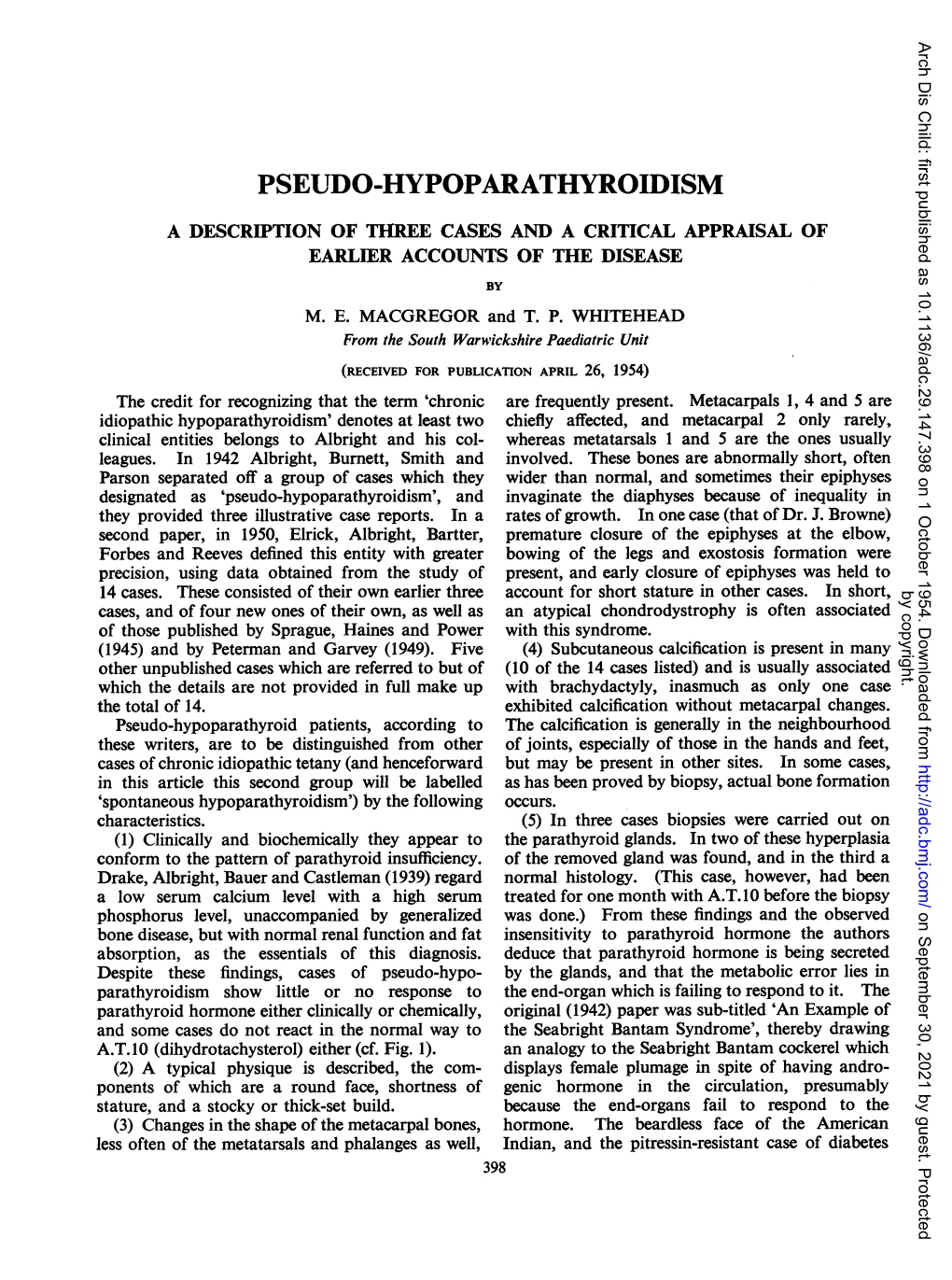 Pseudo-Hypoparathyroidism a Description of Three Cases and a Critical Appraisal of Earlier Accounts of the Disease by M