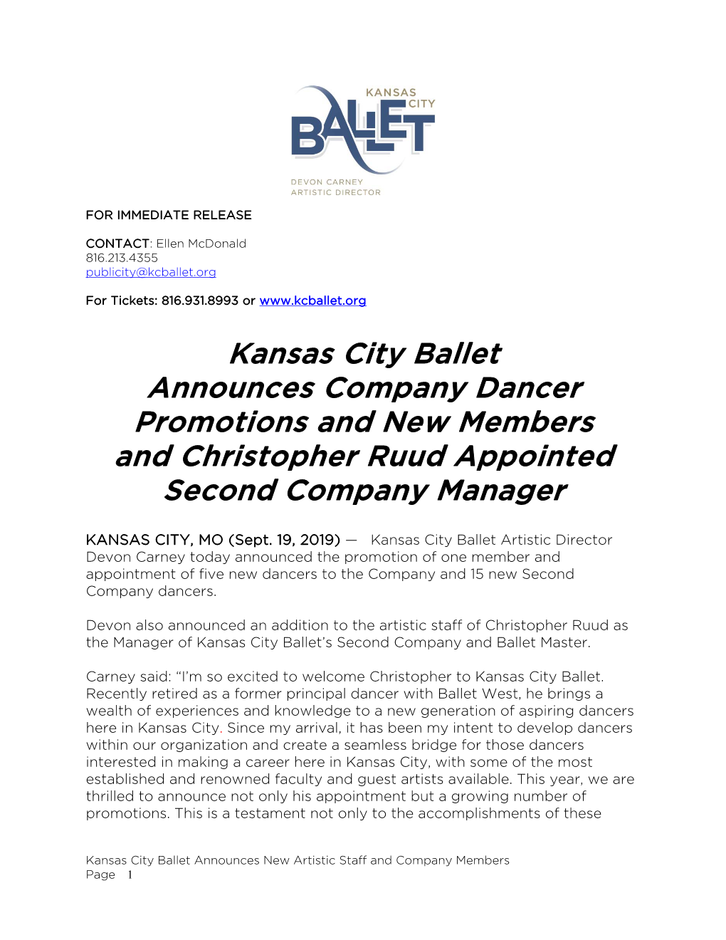 September 19, 2019 Kansas City Ballet Announces Promotions, New