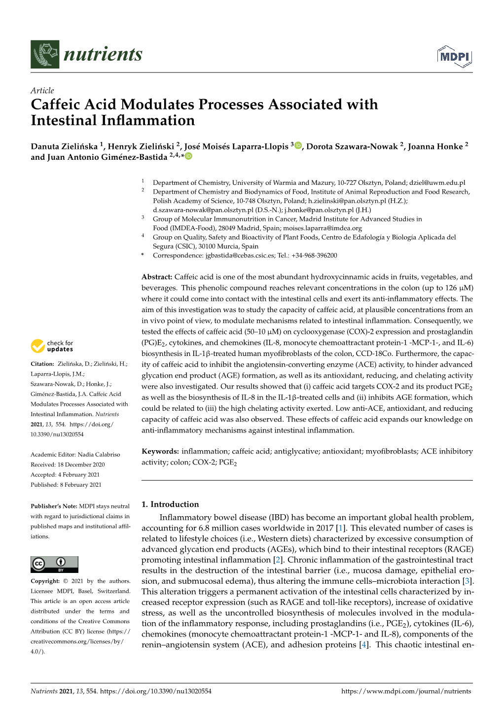 Caffeic Acid Modulates Processes Associated with Intestinal Inﬂammation