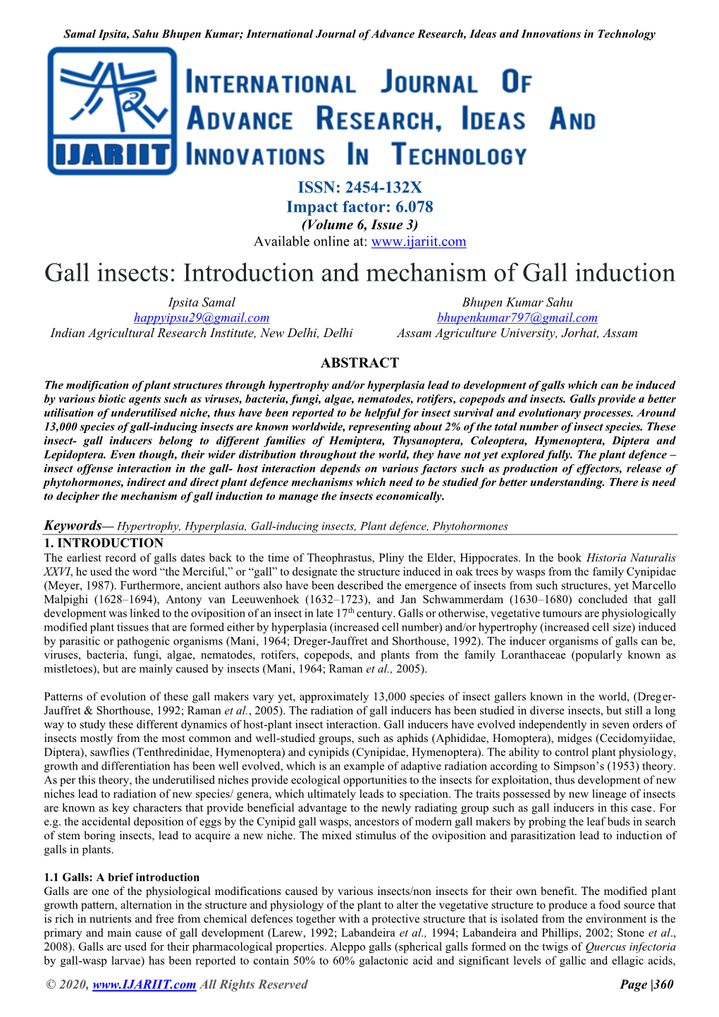 Gall Insects: Introduction and Mechanism of Gall Induction