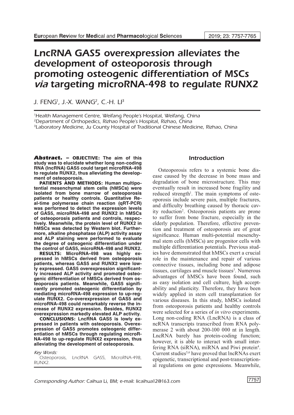 Lncrna GAS5 Overexpression Alleviates the Development Of