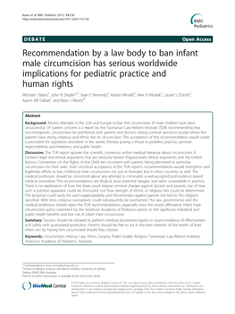 Recommendation by a Law Body to Ban Infant Male Circumcision Has