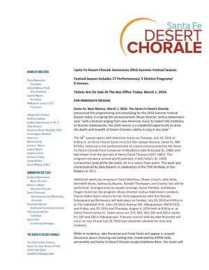 Santa Fe Desert Chorale Presents Its 34Th Annual Summer Festival