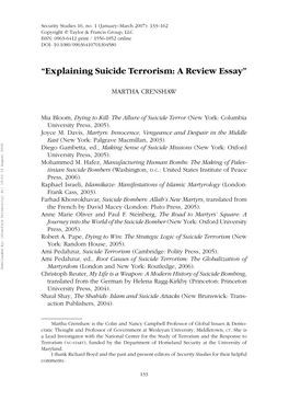 “Explaining Suicide Terrorism: a Review Essay”