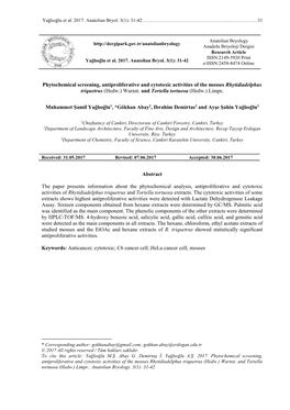 Phytochemical Screening, Antiproliferative and Cytotoxic Activities of the Mosses Rhytidiadelphus Triquetrus (Hedw.) Warnst