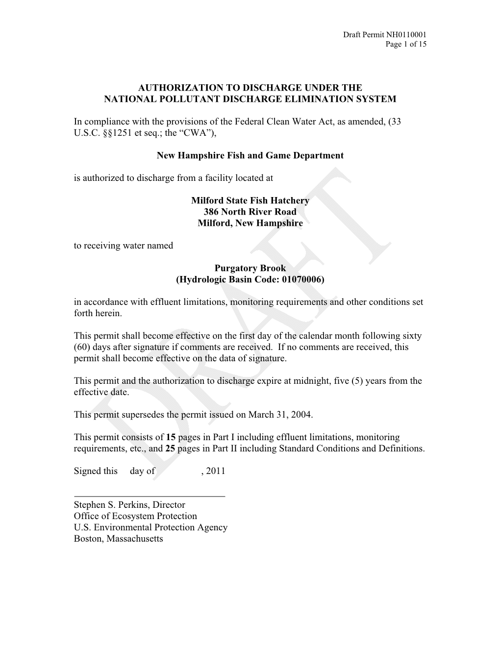 Milford State Fish Hatchery Draft Permit NH0110001
