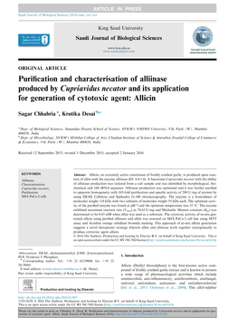 Purification and Characterisation of Alliinase Produced by Cupriavidus Necator and Its Application for Generation of Cytotoxic A