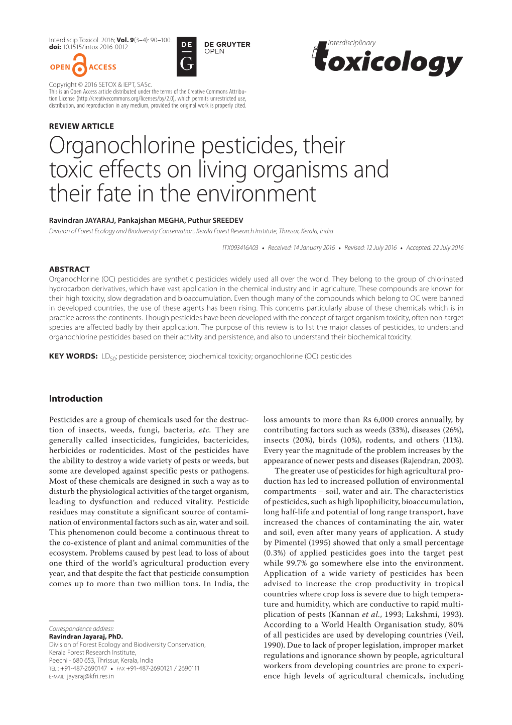 Organochlorine Pesticides, Their Toxic Effects on Living Organisms and Their Fate in the Environment