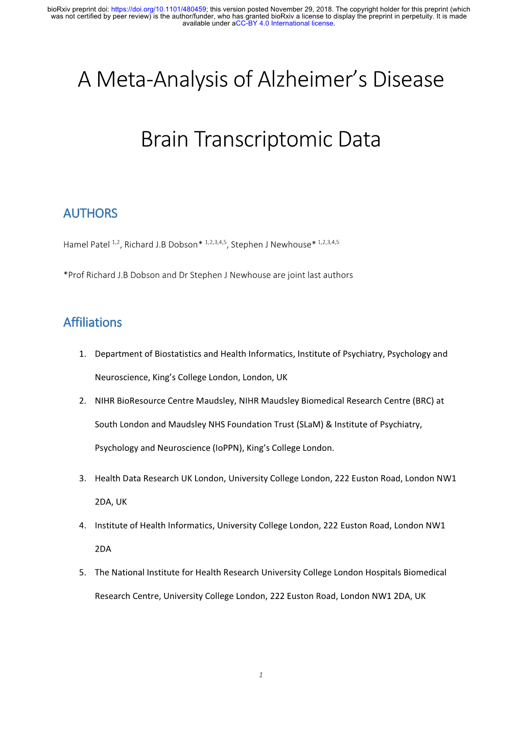 A Meta-Analysis of Alzheimer's Disease Brain Transcriptomic Data