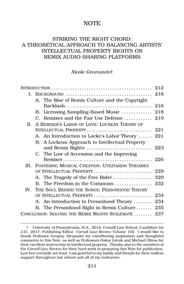 Striking the Right Chord: a Theoretical Approach to Balancing Artists’ Intellectual Property Rights on Remix Audio-Sharing Platforms