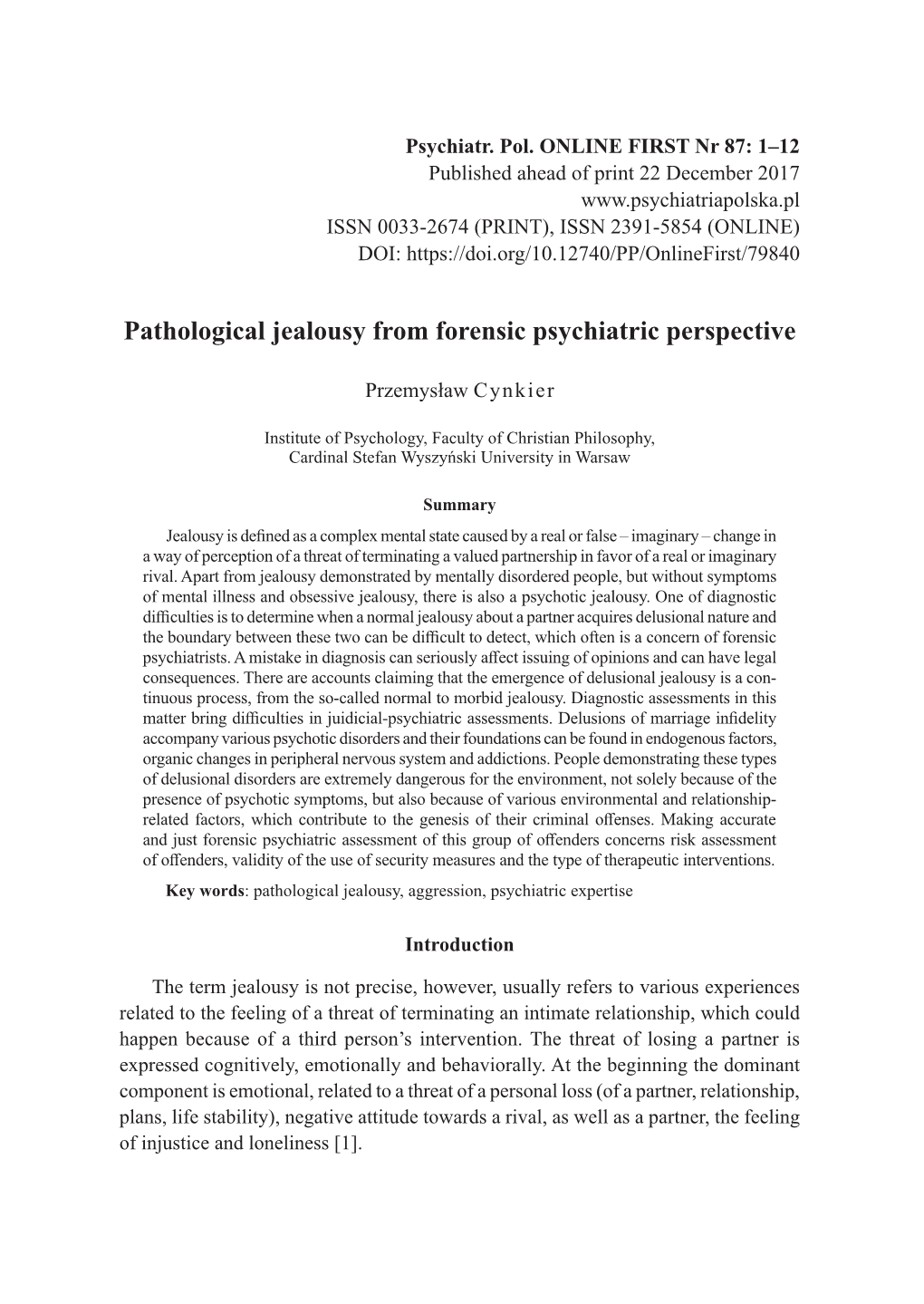 Pathological Jealousy from Forensic Psychiatric Perspective