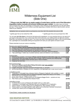 Wilderness Equipment List (Side One)