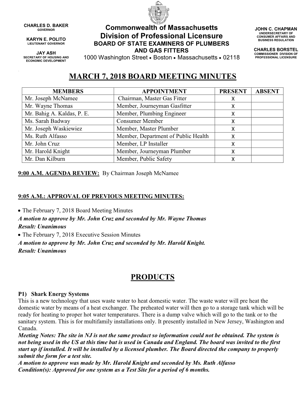 March 7, 2018 Board Meeting Minutes Products