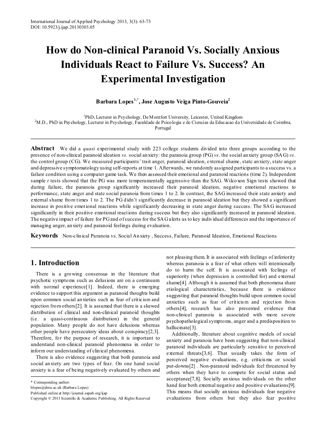 Non-Clinical Paranoia Vs. Social Anxiety , Success, Failure, Paranoid