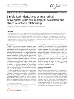 Simple Isatin Derivatives As Free Radical Scavengers