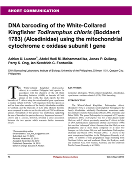 DNA Barcoding of the White-Collared Kingfisher Todiramphus Chloris (Boddaert 1783) (Alcedinidae) Using the Mitochondrial Cytochrome C Oxidase Subunit I Gene
